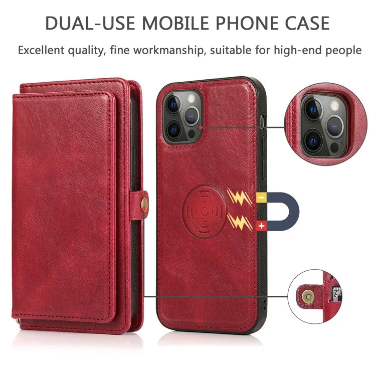 For iPhone 15 Pro Max Cell Phone Case with Strap Detachable 2-in-1 Wallet TPU+PU Cover