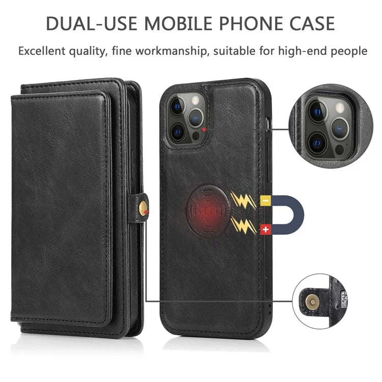 For iPhone 15 Pro Case Detachable 2-in-1 Wallet Anti-drop Phone Cover with Strap