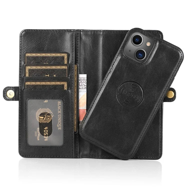 For iPhone 15 Plus Cell Phone Case Detachable 2-in-1 Wallet Leather Cover with Strap