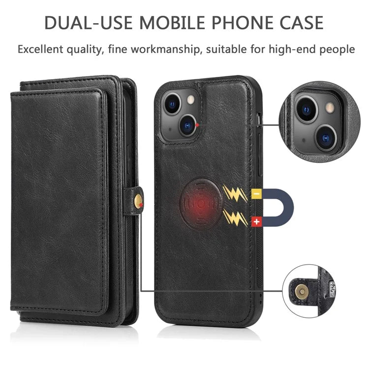 For iPhone 15 Plus Cell Phone Case Detachable 2-in-1 Wallet Leather Cover with Strap