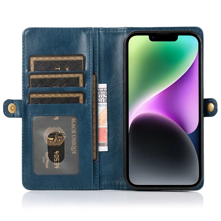 For iPhone 15 Plus Cell Phone Case Detachable 2-in-1 Wallet Leather Cover with Strap