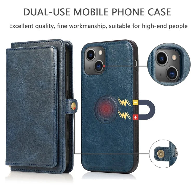 For iPhone 15 Plus Cell Phone Case Detachable 2-in-1 Wallet Leather Cover with Strap