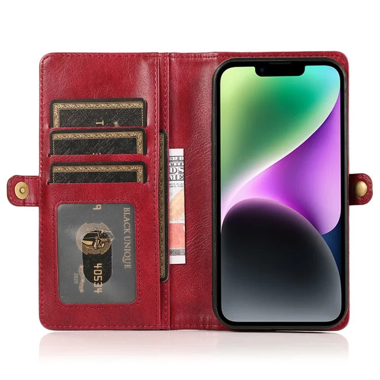 For iPhone 15 Plus Cell Phone Case Detachable 2-in-1 Wallet Leather Cover with Strap