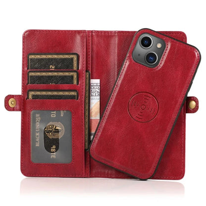 For iPhone 15 Plus Cell Phone Case Detachable 2-in-1 Wallet Leather Cover with Strap