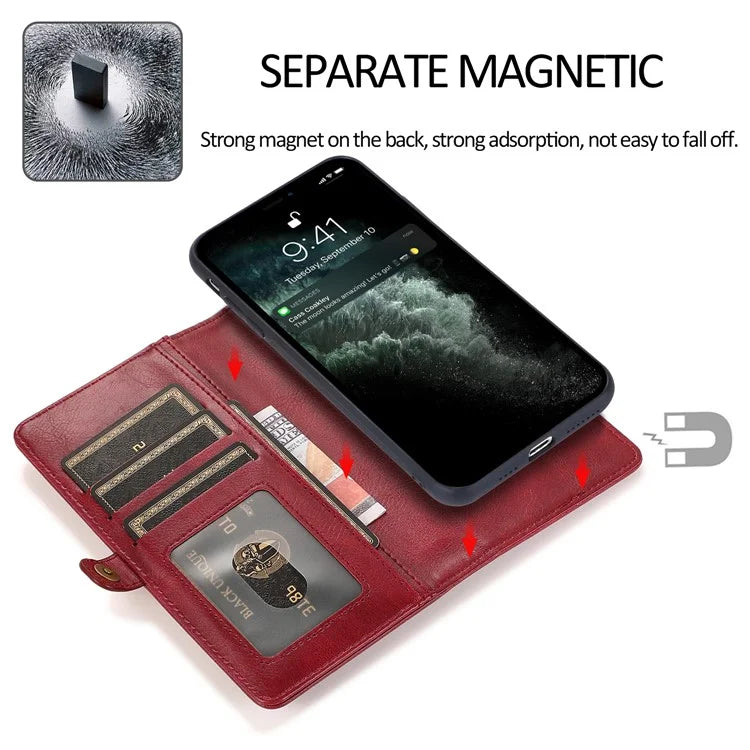 For iPhone 15 Plus Cell Phone Case Detachable 2-in-1 Wallet Leather Cover with Strap