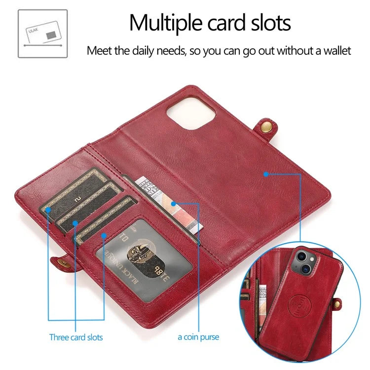 For iPhone 15 Plus Cell Phone Case Detachable 2-in-1 Wallet Leather Cover with Strap