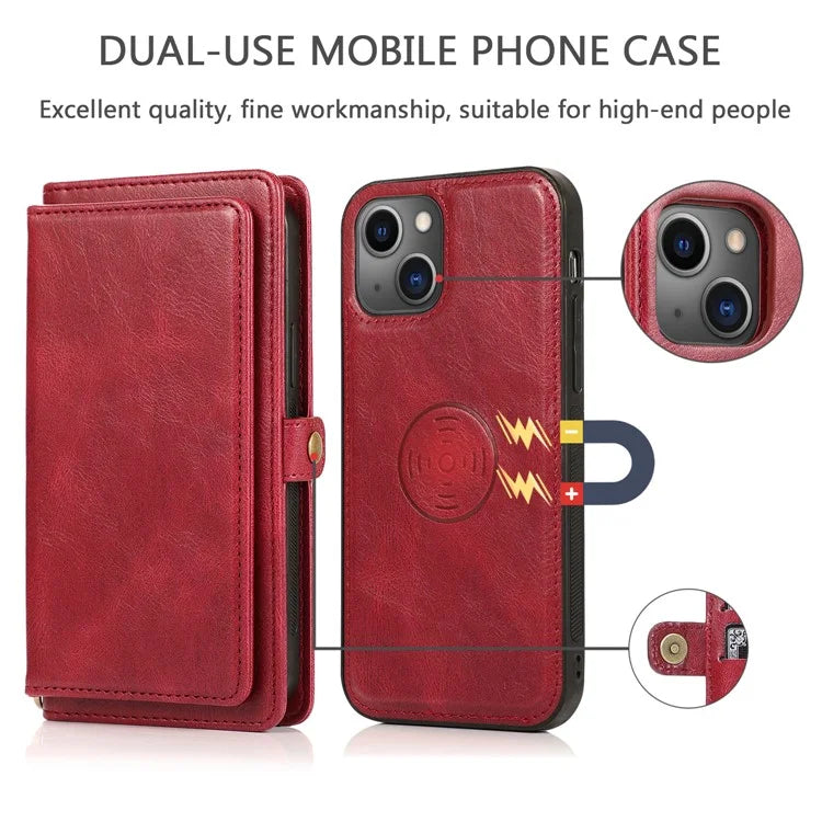 For iPhone 15 Plus Cell Phone Case Detachable 2-in-1 Wallet Leather Cover with Strap