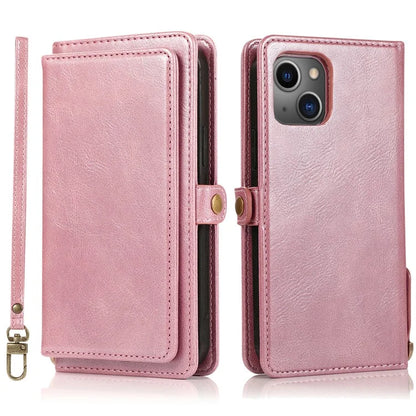 For iPhone 15 Plus Cell Phone Case Detachable 2-in-1 Wallet Leather Cover with Strap