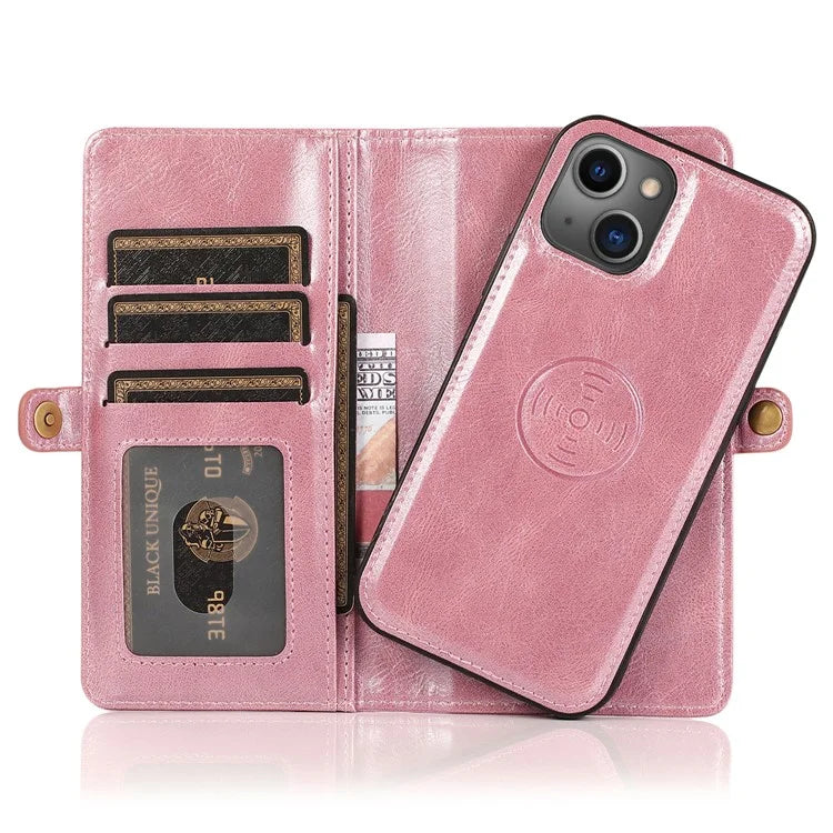 For iPhone 15 Plus Cell Phone Case Detachable 2-in-1 Wallet Leather Cover with Strap
