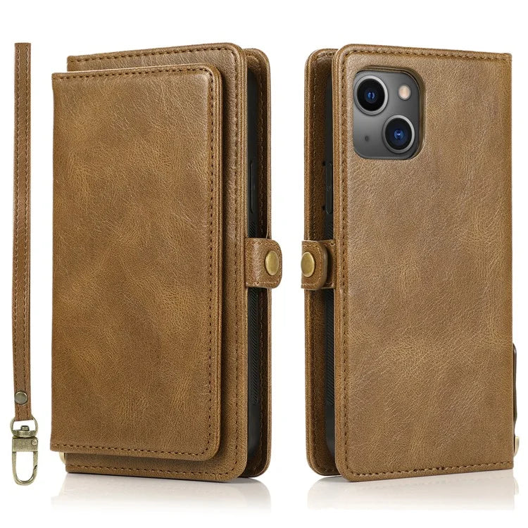 For iPhone 15 Plus Cell Phone Case Detachable 2-in-1 Wallet Leather Cover with Strap