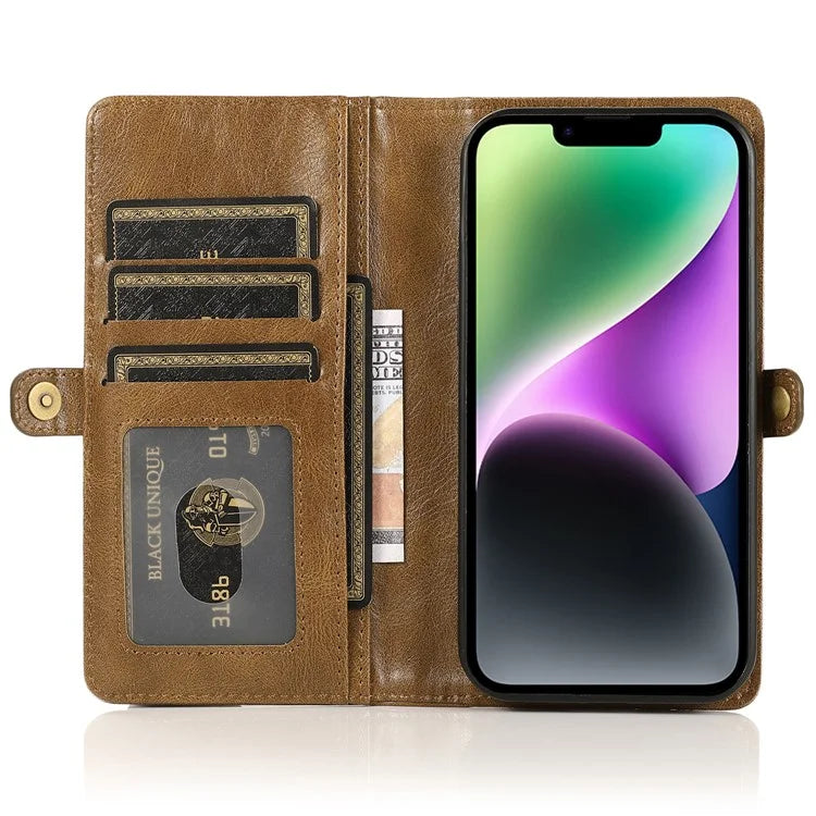 For iPhone 15 Plus Cell Phone Case Detachable 2-in-1 Wallet Leather Cover with Strap