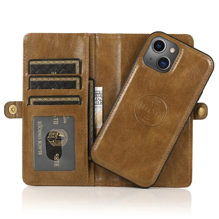 For iPhone 15 Plus Cell Phone Case Detachable 2-in-1 Wallet Leather Cover with Strap