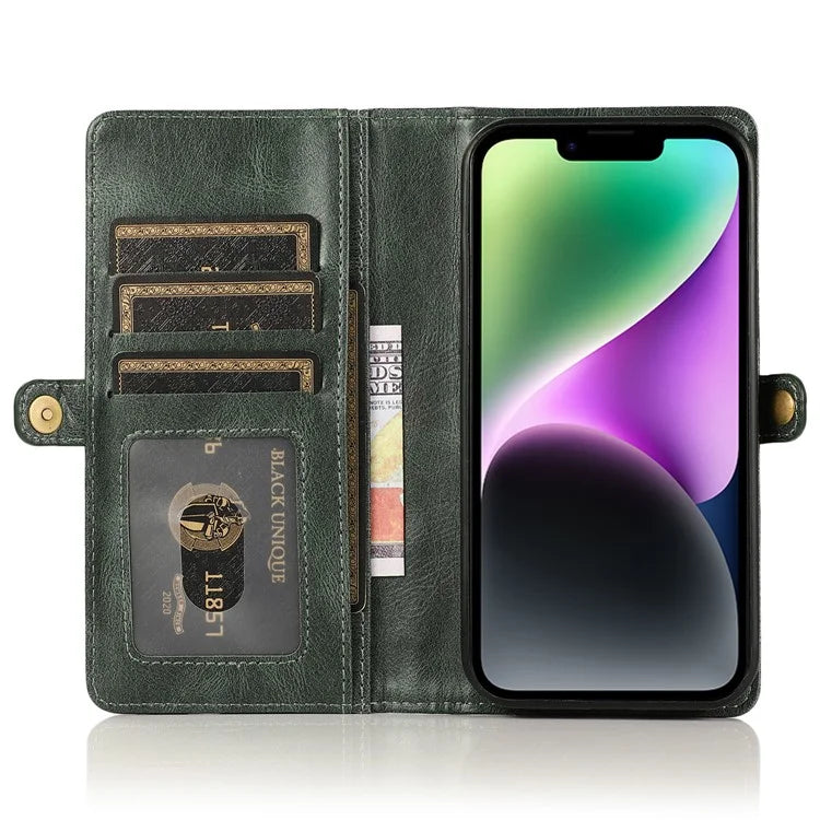 For iPhone 15 Plus Cell Phone Case Detachable 2-in-1 Wallet Leather Cover with Strap
