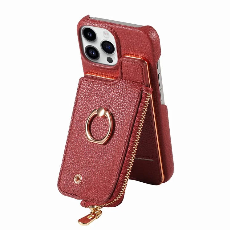 Y3 For iPhone 14 Pro Max Ring Kickstand Phone Case Zipper Pocket Wallet Leather Back Cover