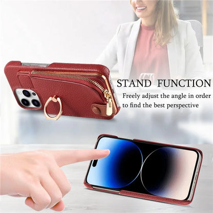 Y3 For iPhone 14 Pro Max Ring Kickstand Phone Case Zipper Pocket Wallet Leather Back Cover