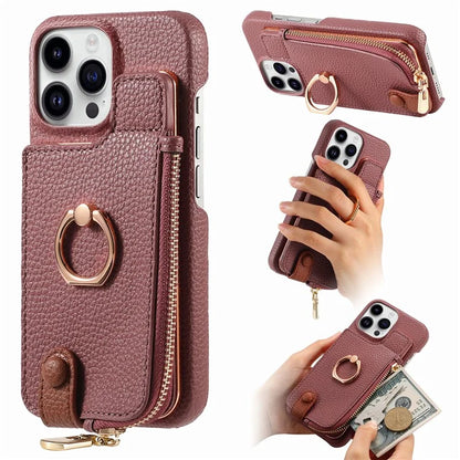 Y3 For iPhone 14 Pro Max Ring Kickstand Phone Case Zipper Pocket Wallet Leather Back Cover