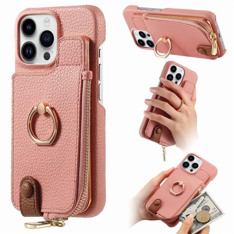 Y3 For iPhone 14 Pro Max Ring Kickstand Phone Case Zipper Pocket Wallet Leather Back Cover