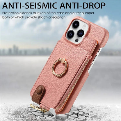 Y3 For iPhone 14 Pro Max Ring Kickstand Phone Case Zipper Pocket Wallet Leather Back Cover