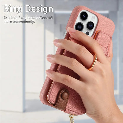 Y3 For iPhone 14 Pro Max Ring Kickstand Phone Case Zipper Pocket Wallet Leather Back Cover