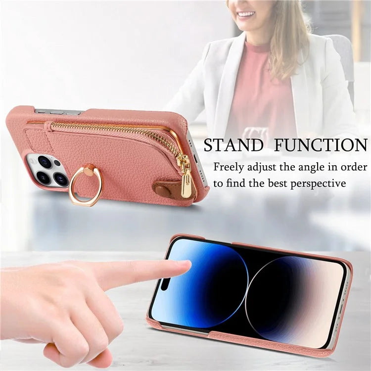 Y3 For iPhone 14 Pro Max Ring Kickstand Phone Case Zipper Pocket Wallet Leather Back Cover