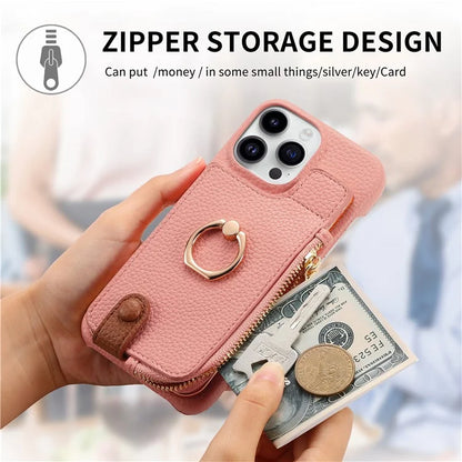 Y3 For iPhone 14 Pro Max Ring Kickstand Phone Case Zipper Pocket Wallet Leather Back Cover