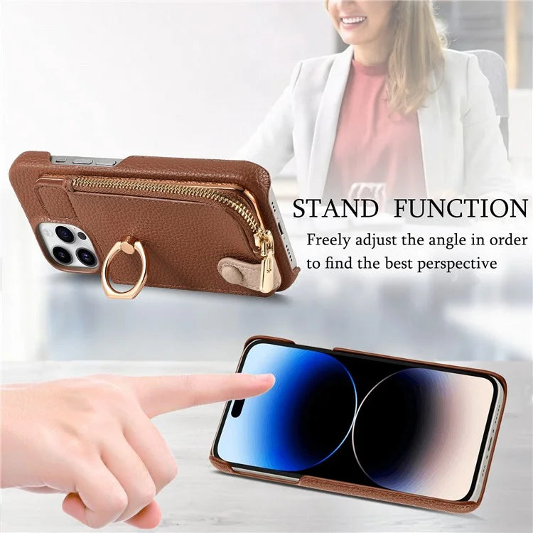 Y3 For iPhone 14 Pro Max Ring Kickstand Phone Case Zipper Pocket Wallet Leather Back Cover