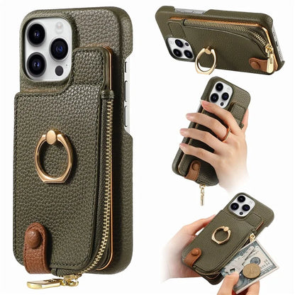 Y3 For iPhone 14 Pro Max Ring Kickstand Phone Case Zipper Pocket Wallet Leather Back Cover