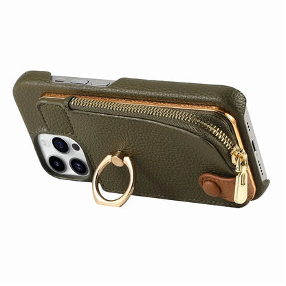 Y3 For iPhone 14 Pro Max Ring Kickstand Phone Case Zipper Pocket Wallet Leather Back Cover