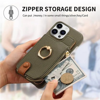 Y3 For iPhone 14 Pro Max Ring Kickstand Phone Case Zipper Pocket Wallet Leather Back Cover