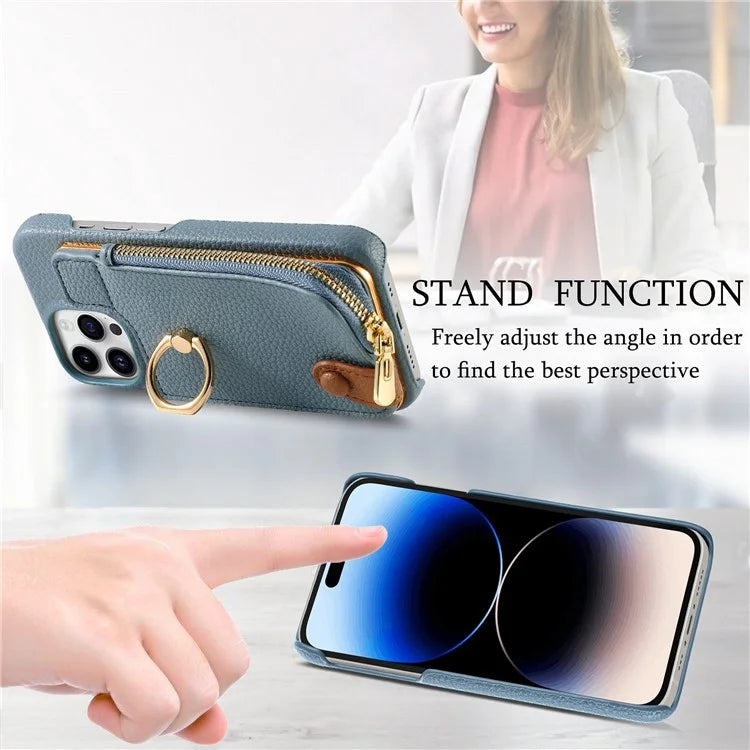 Y3 For iPhone 14 Pro Max Ring Kickstand Phone Case Zipper Pocket Wallet Leather Back Cover