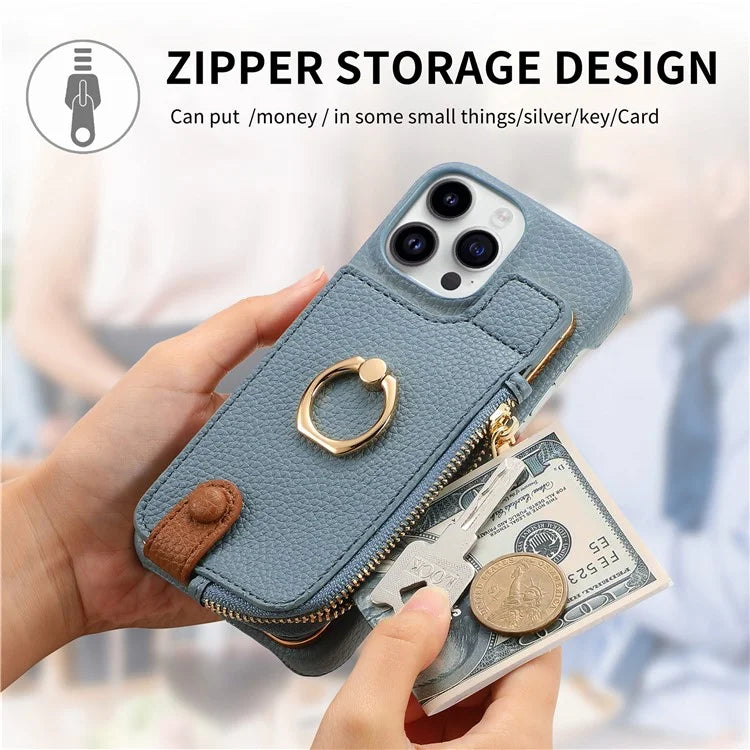 Y3 For iPhone 14 Pro Max Ring Kickstand Phone Case Zipper Pocket Wallet Leather Back Cover