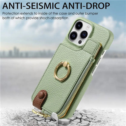 Y3 For iPhone 14 Pro Max Ring Kickstand Phone Case Zipper Pocket Wallet Leather Back Cover