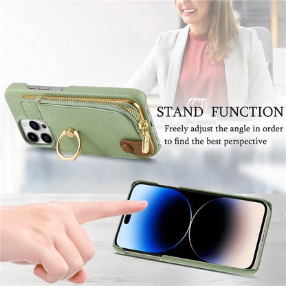 Y3 For iPhone 14 Pro Max Ring Kickstand Phone Case Zipper Pocket Wallet Leather Back Cover