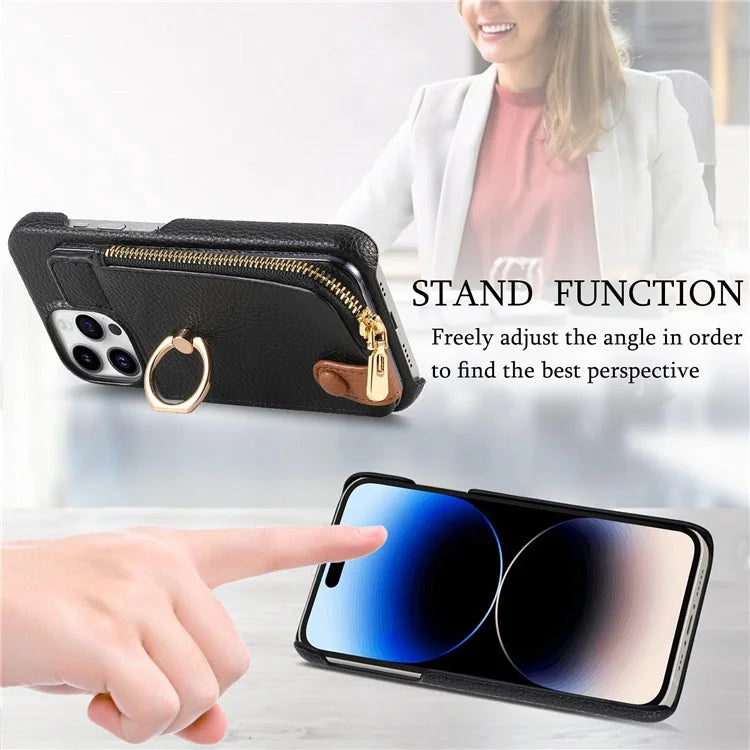 Y3 For iPhone 14 Pro Max Ring Kickstand Phone Case Zipper Pocket Wallet Leather Back Cover