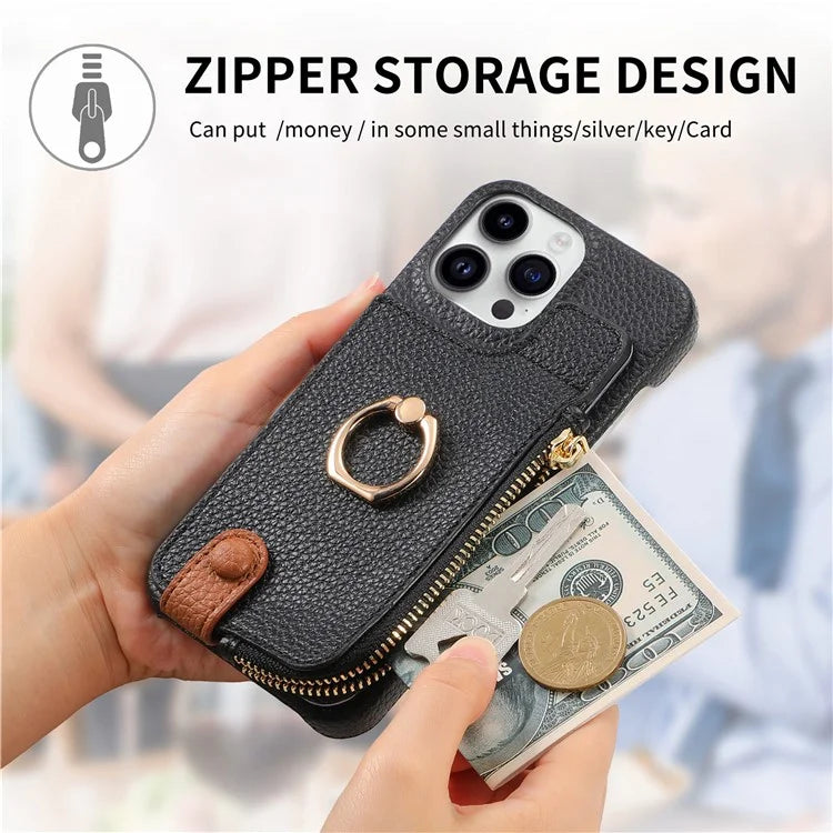 Y3 For iPhone 14 Pro Max Ring Kickstand Phone Case Zipper Pocket Wallet Leather Back Cover