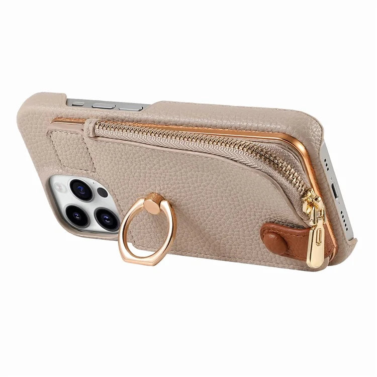 Y3 For iPhone 14 Pro Max Ring Kickstand Phone Case Zipper Pocket Wallet Leather Back Cover