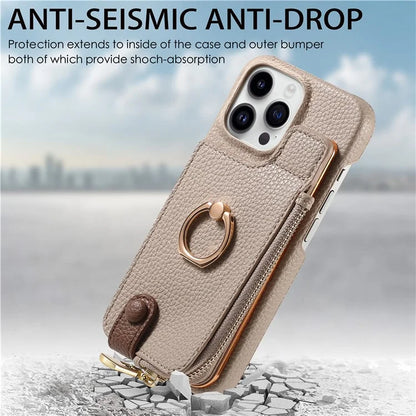 Y3 For iPhone 14 Pro Max Ring Kickstand Phone Case Zipper Pocket Wallet Leather Back Cover