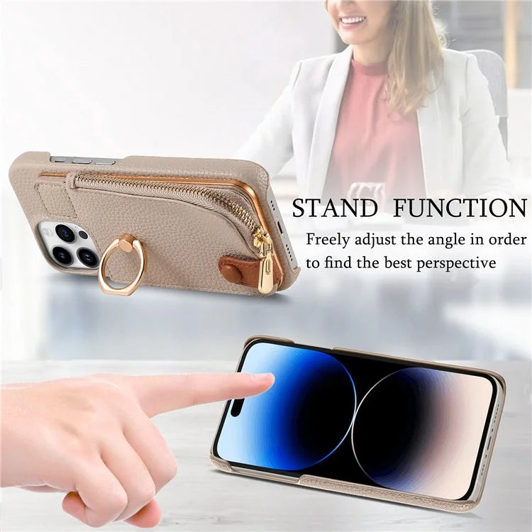 Y3 For iPhone 14 Pro Max Ring Kickstand Phone Case Zipper Pocket Wallet Leather Back Cover