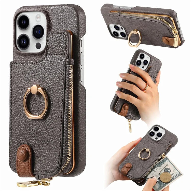 Y3 For iPhone 14 Pro Max Ring Kickstand Phone Case Zipper Pocket Wallet Leather Back Cover