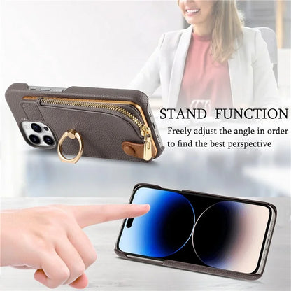 Y3 For iPhone 14 Pro Max Ring Kickstand Phone Case Zipper Pocket Wallet Leather Back Cover