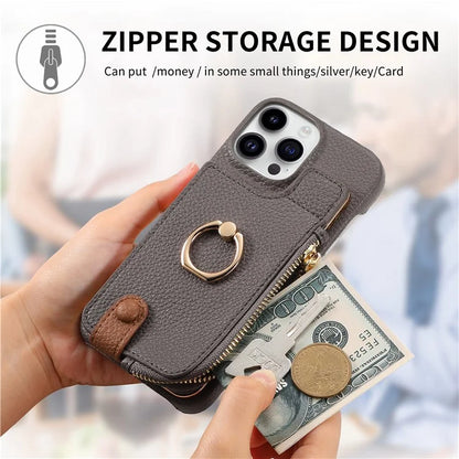 Y3 For iPhone 14 Pro Max Ring Kickstand Phone Case Zipper Pocket Wallet Leather Back Cover