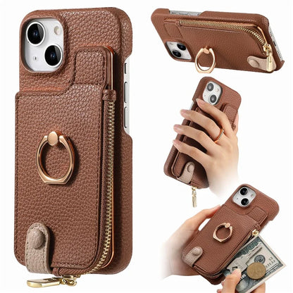 Y3 for iPhone 13 Wallet Case Ring Kickstand Zipper Purse Phone Cover