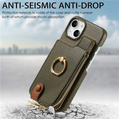 Y3 for iPhone 13 Wallet Case Ring Kickstand Zipper Purse Phone Cover