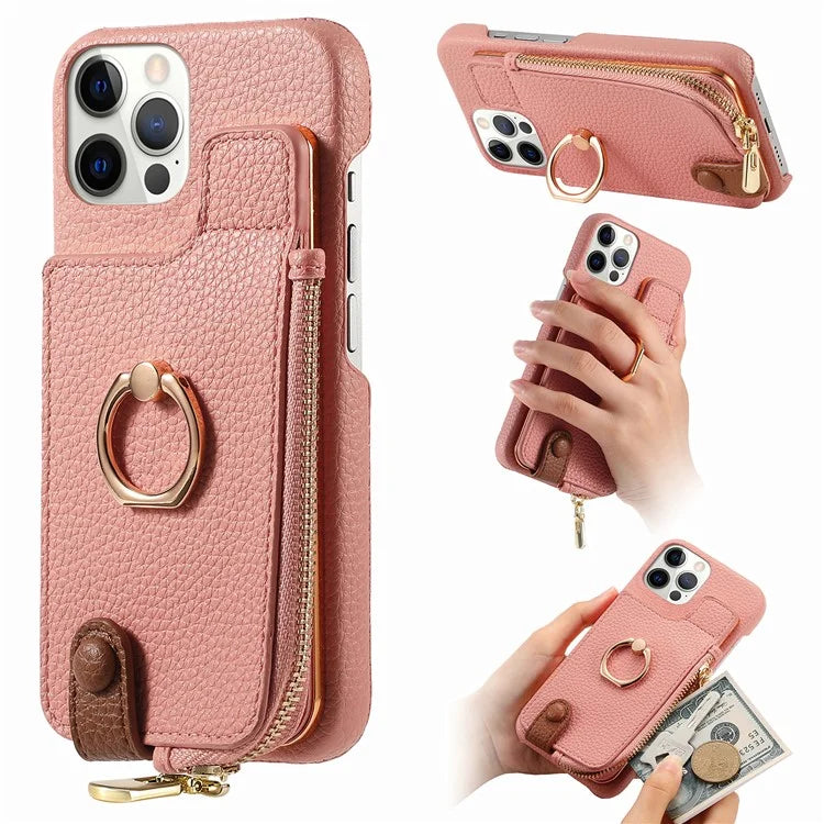 Y3 for iPhone 12 Pro Max Case Zipper Leather Phone Back Cover RFID Blocking Ring Kickstand