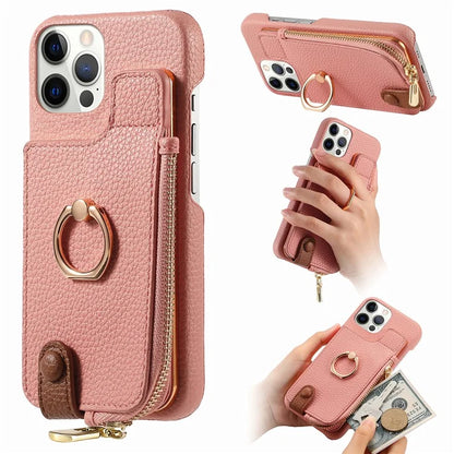 Y3 for iPhone 12 Pro Max Case Zipper Leather Phone Back Cover RFID Blocking Ring Kickstand