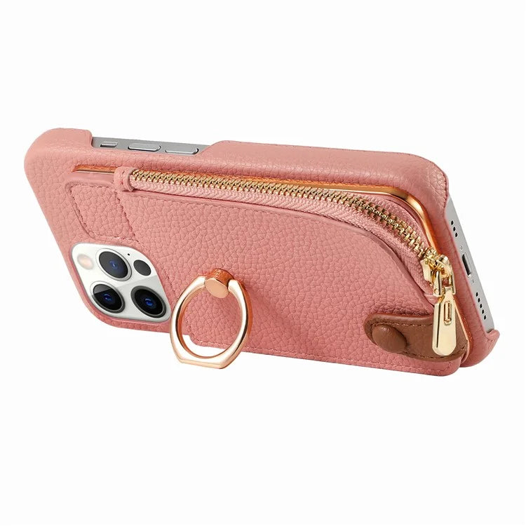 Y3 for iPhone 12 Pro Max Case Zipper Leather Phone Back Cover RFID Blocking Ring Kickstand