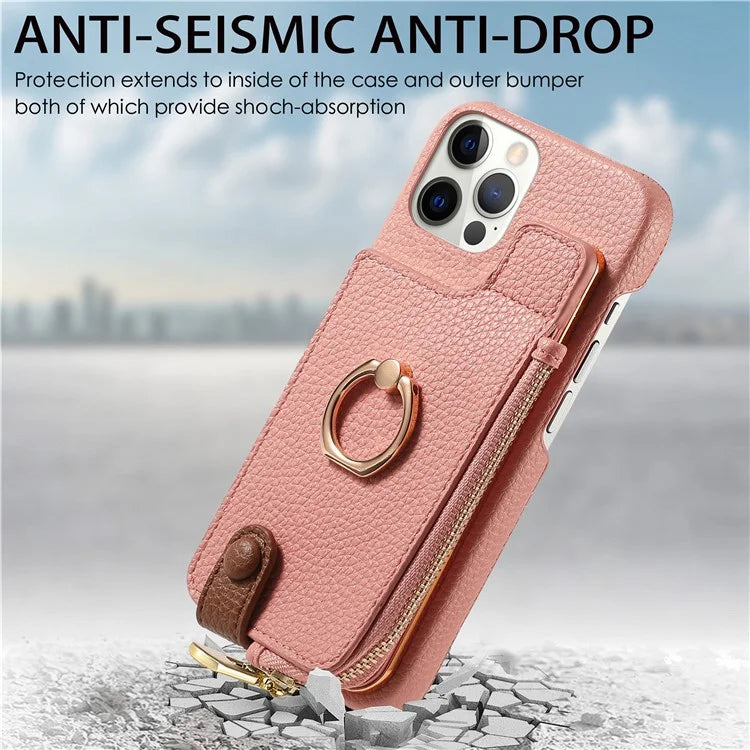 Y3 for iPhone 12 Pro Max Case Zipper Leather Phone Back Cover RFID Blocking Ring Kickstand