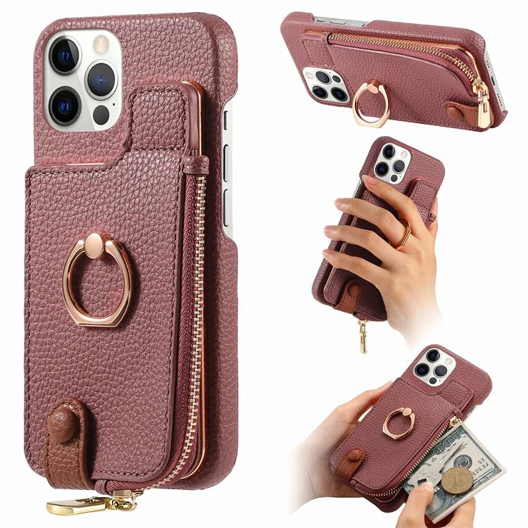 Y3 for iPhone 12 Pro Max Case Zipper Leather Phone Back Cover RFID Blocking Ring Kickstand