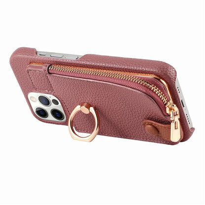 Y3 for iPhone 12 Pro Max Case Zipper Leather Phone Back Cover RFID Blocking Ring Kickstand