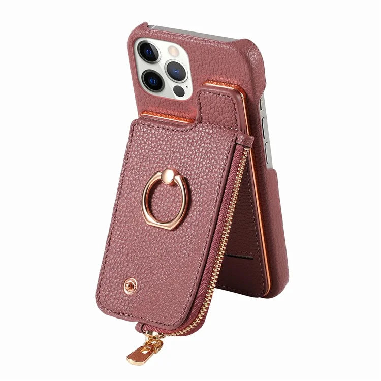 Y3 for iPhone 12 Pro Max Case Zipper Leather Phone Back Cover RFID Blocking Ring Kickstand